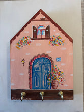 Load image into Gallery viewer, Hand-painted Wooden Cottage: Coral Cottage and Blue Door—option for key holder