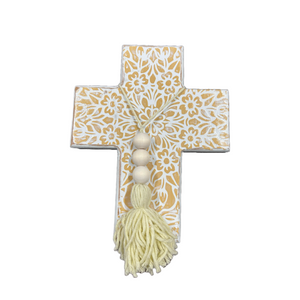 Boho Wooden Cross with Beige and White Design (free USA shipping included)