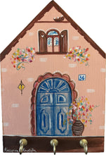 Load image into Gallery viewer, Hand-painted Wooden Cottage: Coral Cottage and Blue Door—option for key holder