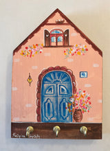 Load image into Gallery viewer, Hand-painted Wooden Cottage: Coral Cottage and Blue Door—option for key holder