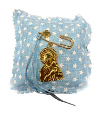 Load image into Gallery viewer, Filakto Pin with Panagia and Christ and Cross Charm—Pink or Blue (free USA shipping included)