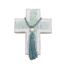 Load image into Gallery viewer, Greek Key Wooden Cross with Sage Green Design (free USA shipping included)
