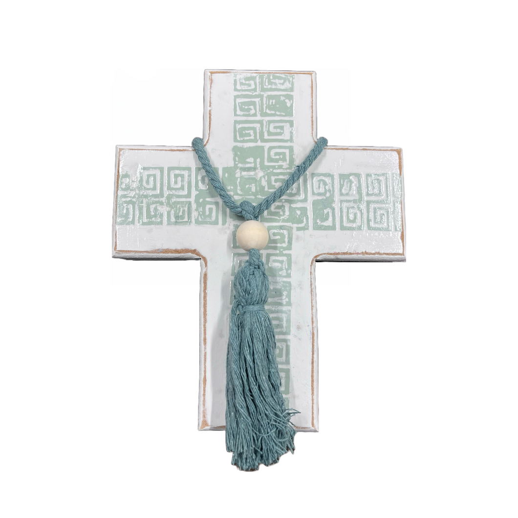 Greek Key Wooden Cross with Sage Green Design (free USA shipping included)