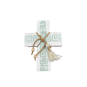 Mini Wooden Cross with Sage Greek Key Design (free USA shipping included)