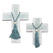 Load image into Gallery viewer, Greek Key Wooden Cross with Sage Green Design (free USA shipping included)
