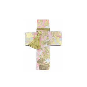 Mini Wooden Cross with Peach and Gold Foil Design (free USA shipping included)