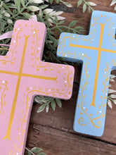 Load image into Gallery viewer, Wooden Pink and Gold Cross with decorative cording in 2 sizes (free USA shipping included)