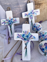 Load image into Gallery viewer, Wooden Cross with Floral Bouquet and Cording (free USA shipping included)