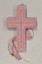 Load image into Gallery viewer, Wooden Cross: pink with copper accents