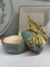 Load image into Gallery viewer, Ceramic Stone Green Two-Piece Pomegranate Candle with Wishes Charm (free USA shipping included)