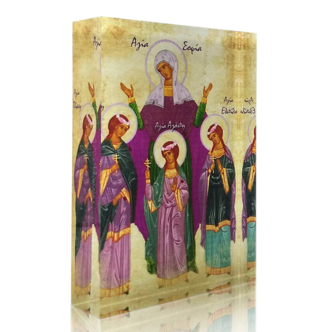 Plexiglass Orthodox Icon: St. Sophia and Her Daughters/Αγία Σοφία και Κόρες (free USA shipping included)