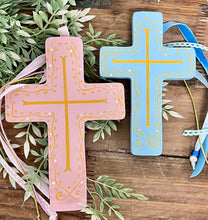 Load image into Gallery viewer, Wooden Cross with Blue and Gold Design and Cording (free USA shipping included)
