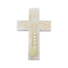 Load image into Gallery viewer, Boho Wooden Cross with Beige and White Design (free USA shipping included)
