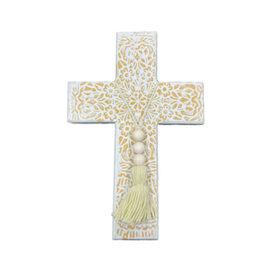 Boho Wooden Cross with Beige and White Design (free USA shipping included)