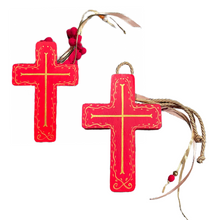 Load image into Gallery viewer, Wooden Cross with Red and Gold Design and Cording (free USA shipping included)