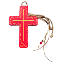 Load image into Gallery viewer, Wooden Cross with Red and Gold Design and Cording (free USA shipping included)