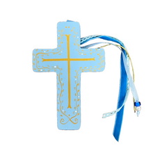 Load image into Gallery viewer, Wooden Cross with Blue and Gold Design and Cording (free USA shipping included)