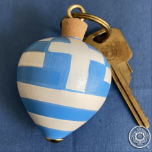 Load image into Gallery viewer, Greek Flag Beechwood Spinning Top Keychain (free USA shipping included)