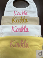 Load image into Gallery viewer, Embroidered Baby Bib “Kouklos” or “Koukla” Design—Multiple color choices (free USA shipping included)
