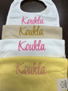 Embroidered Baby Bib “Kouklos” or “Koukla” Design—Multiple color choices (free USA shipping included)