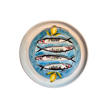 Load image into Gallery viewer, Ceramic 11.5” Round Platter Sardines and Lemon Design (free USA shipping included)
