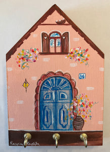 Hand-painted Wooden Cottage: Coral Cottage and Blue Door—option for key holder (free USA shipping included)