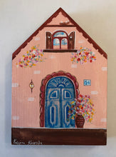 Load image into Gallery viewer, Hand-painted Wooden Cottage: Coral Cottage and Blue Door—option for key holder (free USA shipping included)
