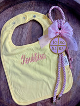 Load image into Gallery viewer, Embroidered Baby Bib “Kouklitsa” Design—Multiple color choices (free USA shipping included)
