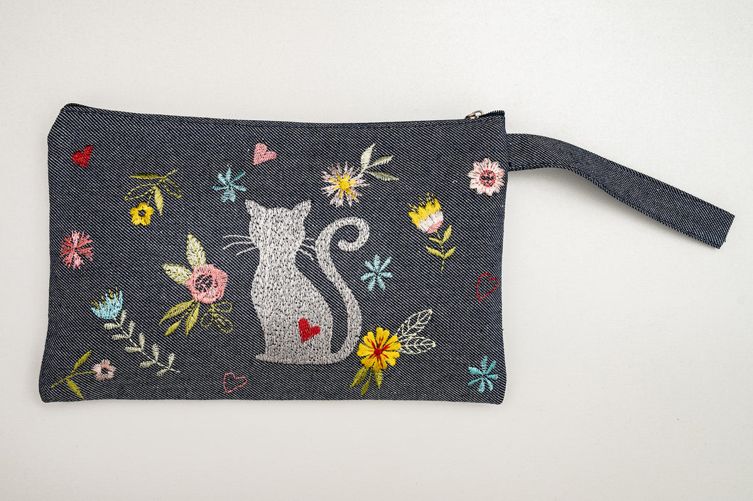 Embroidered Clutch: cat and floral design (free USA shipping included)