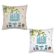 Load image into Gallery viewer, Embroidered Pillow Cover: Greece Taverna with Lemon Tree
