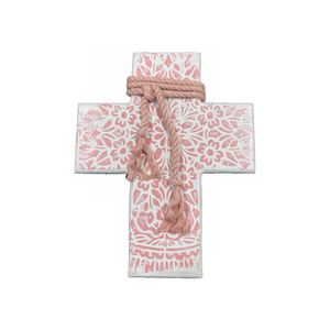 Boho Wooden Cross with Pink and White Design (free USA shipping included)