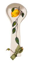 Load image into Gallery viewer, Ceramic Spoon Rest: lemon design with decorative ribbon and beads (free USA shipping included)
