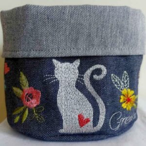 Embroidered Fabric Basket: cat  design (free USA shipping included)