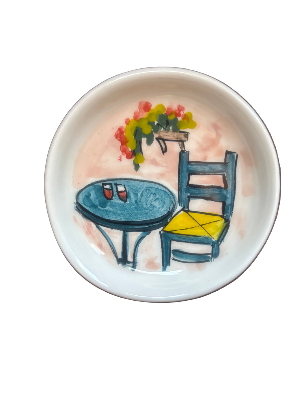 Ceramic Round Trinket Dish with table and chair design (free USA shipping)