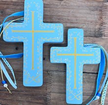 Load image into Gallery viewer, Wooden Cross with Blue and Gold Design and Cording (free USA shipping included)
