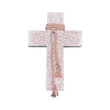 Load image into Gallery viewer, Boho Wooden Cross with Pink and White Design (free USA shipping included)
