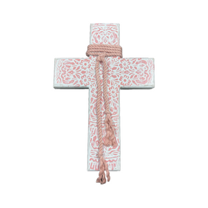 Boho Wooden Cross with Pink and White Design (free USA shipping included)