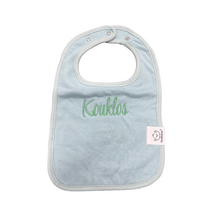 Load image into Gallery viewer, Embroidered Baby Bib “Kouklos” or “Koukla” Design—Multiple color choices (free USA shipping included)
