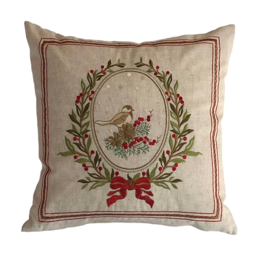 Pillow Cover: Bird, Holly Wreath, and Bow (free USA shipping included)