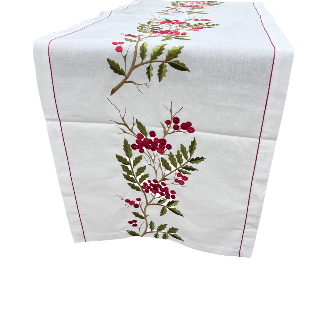 Christmas Holly Branches Embroidered Table Runner (free USA shipping included)