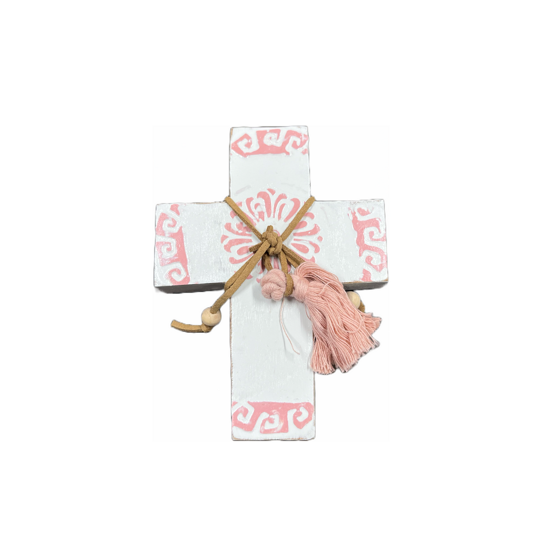 Mini Boho Wooden Cross with Pink and White Design