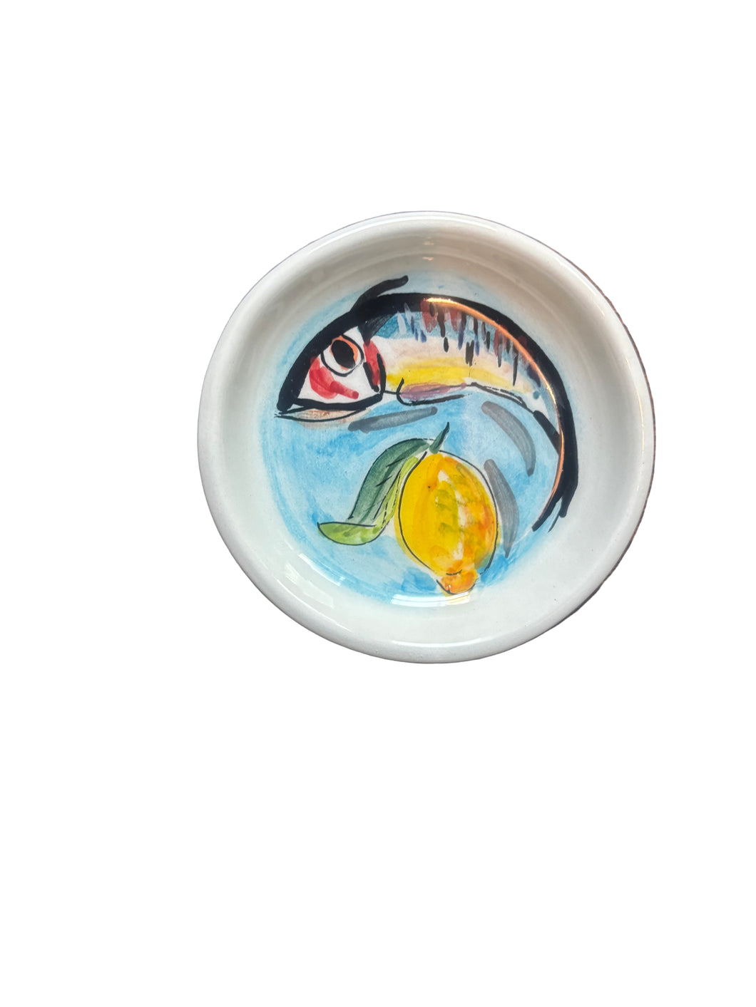 Ceramic Round Trinket Dish with fish and lemons design (free USA shipping)