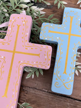 Load image into Gallery viewer, Wooden Cross with Pink and Gold Design and Cording (free USA shipping included)
