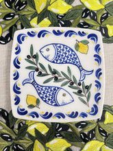 Load image into Gallery viewer, Ceramic 8” Square Plate: Fish, Lemons and Olives Design (free USA shipping included)
