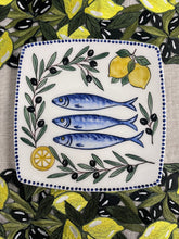 Load image into Gallery viewer, Ceramic 8” Square Plate: Fish, Lemons and Olives Design (free USA shipping included)
