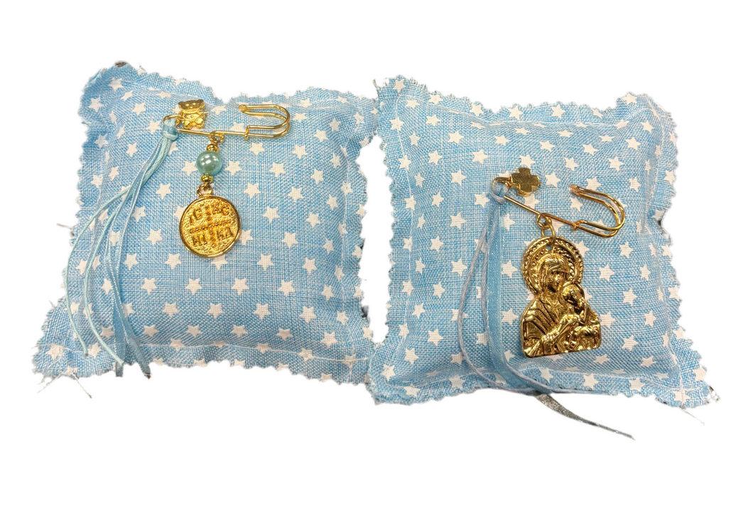 Filakto Pin with Constantinato Coin or Panagia Icon on Pillow (free USA shipping included)
