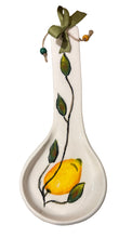Load image into Gallery viewer, Ceramic Spoon Rest: lemon design with decorative ribbon and beads (free USA shipping included)
