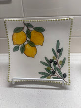 Load image into Gallery viewer, Ceramic Square Flared Plate: Lemons and Olives Design (free USA shipping included)
