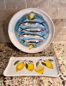 Ceramic 11.5” Round Platter Sardines and Lemon Design (free USA shipping included)