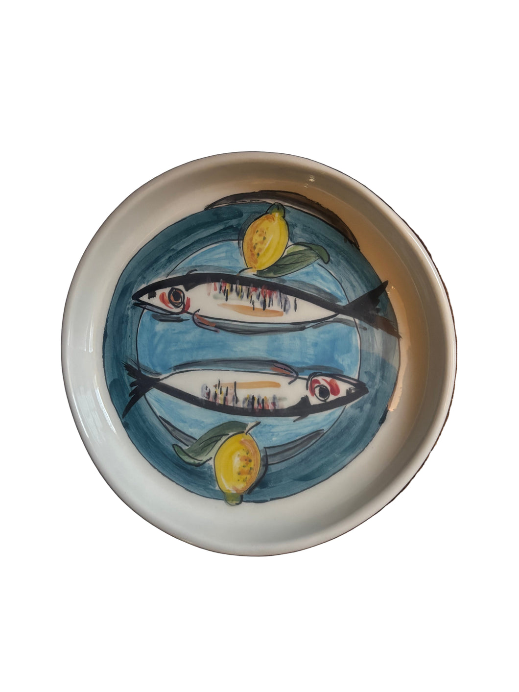 Ceramic 8” Round Platter Sardines and Lemon Design (free USA shipping included)